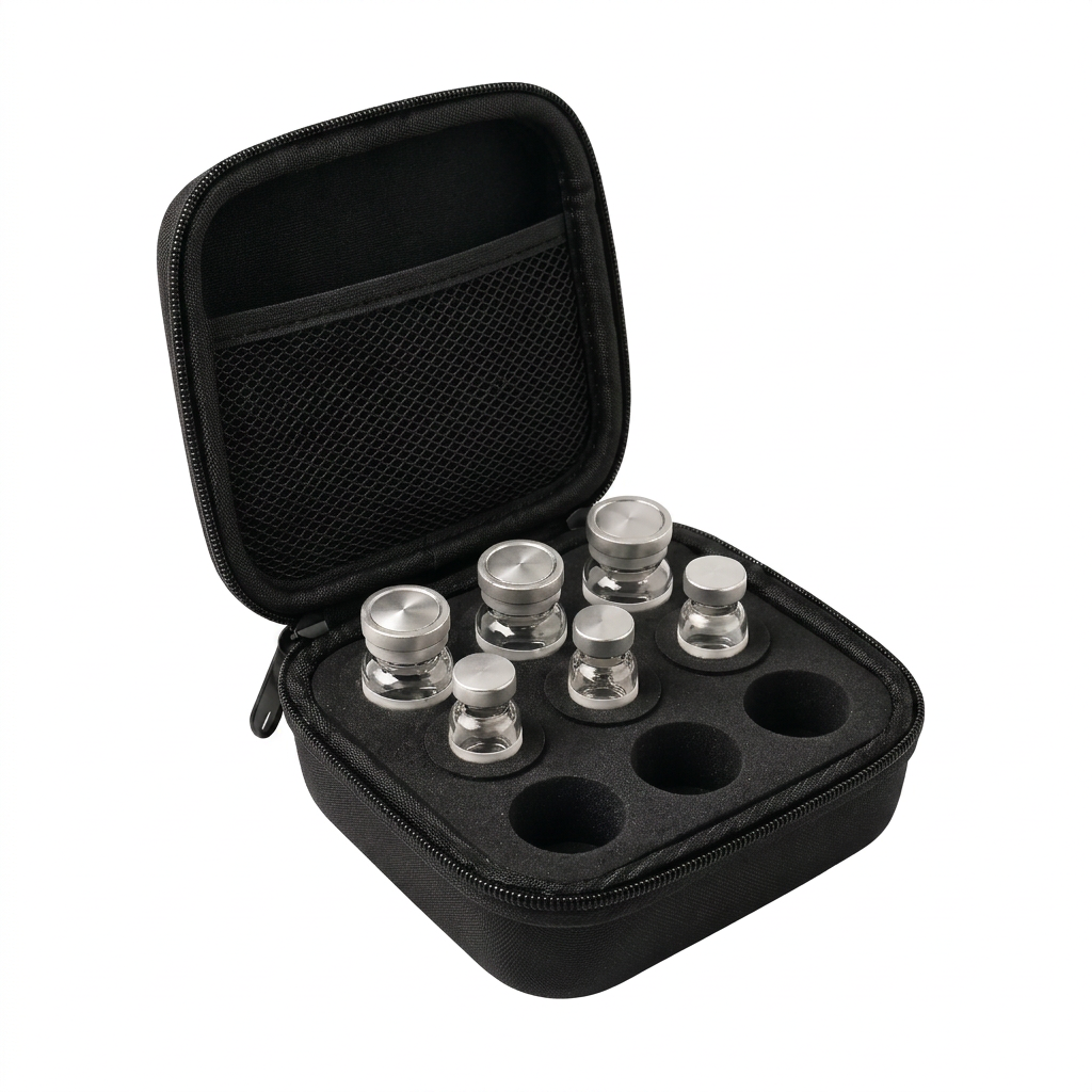 Open black hard vial case with foam insert holding six glass vials