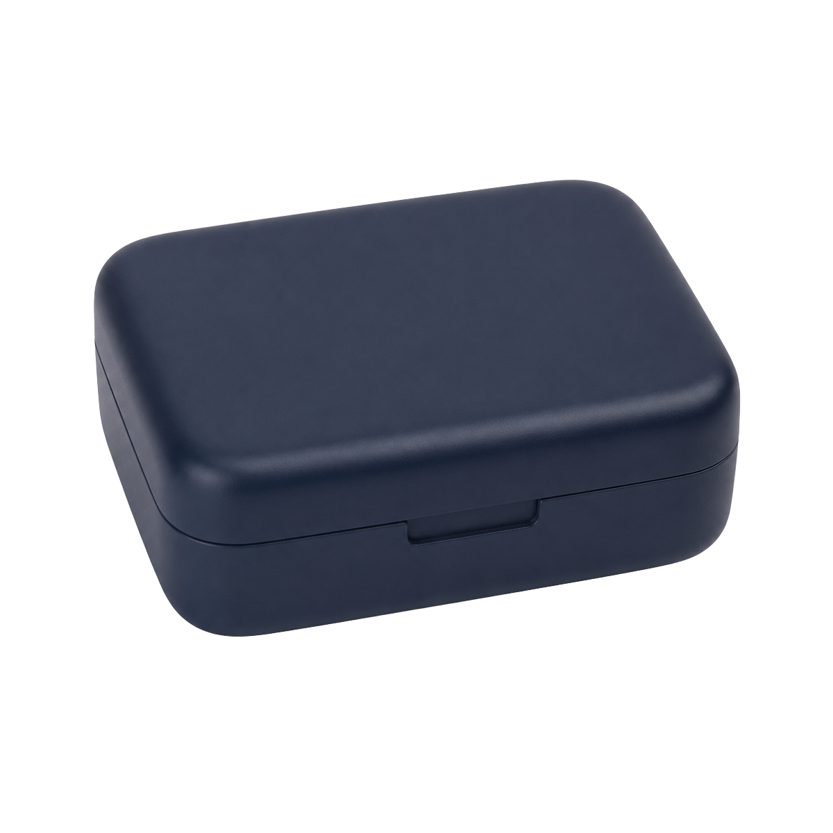 Closed navy hard travel case, front three-quarter view